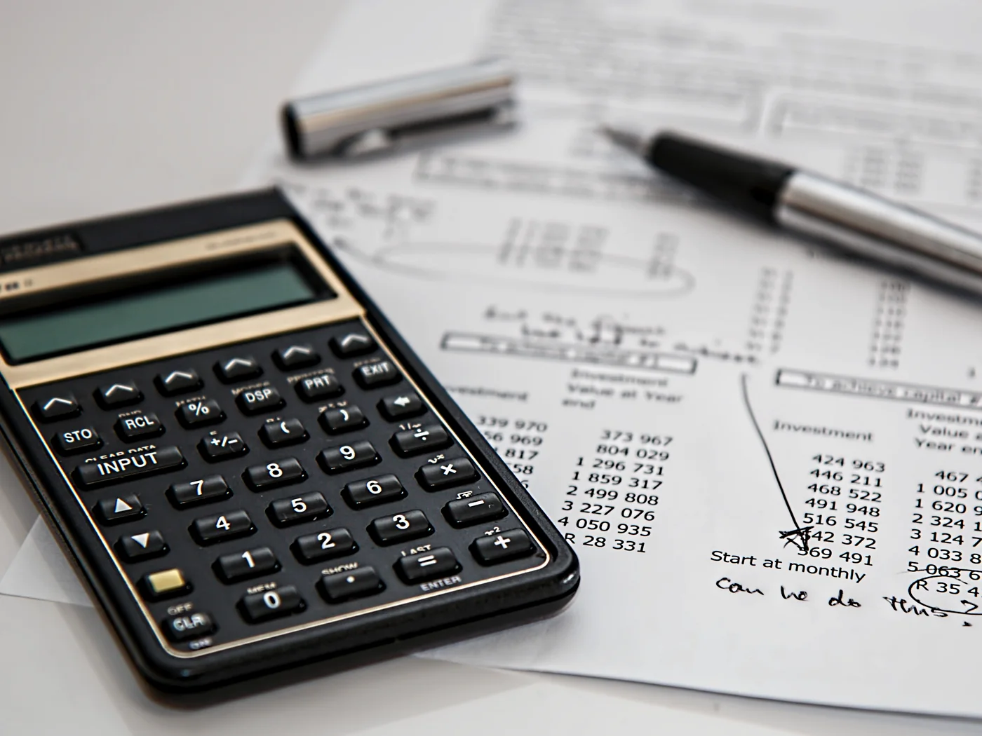 Calculator and business financial reports representing a profit and loss mortgage review